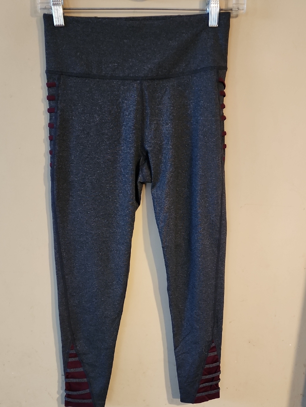 Betsey Johnson Charcoal Gray Leggings with Maroon Stripe Accents